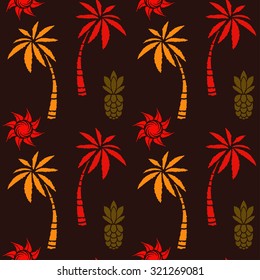 Seamless pattern with coconut palm trees, sun, pineapples. Colorful repeating background. Cloth design. Wallpaper, wrapping