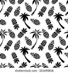 Seamless pattern with coconut palm trees, fruits pineapples. Colorful repeating background. Cloth design. Wallpaper, wrapping