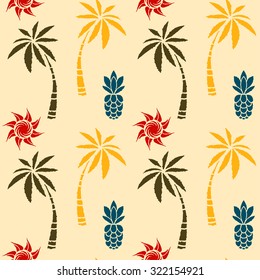 Seamless pattern with coconut palm trees, sun, pineapples. Colorful repeating background. Cloth design. Wallpaper, wrapping