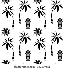 Seamless pattern with coconut palm trees, sun, pineapples. Summer repeating background. Cloth design. Wallpaper, wrapping