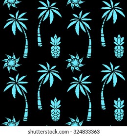 Seamless pattern with coconut palm trees, sun, pineapples. Summer repeating background. Cloth design. Wallpaper, wrapping
