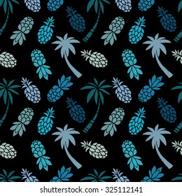 Seamless pattern with coconut palm trees, fruits pineapples. Colorful repeating background. Cloth design. Wallpaper, wrapping