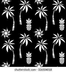 Seamless pattern with coconut palm trees, sun, pineapples. Summer repeating background. Cloth design. Wallpaper, wrapping