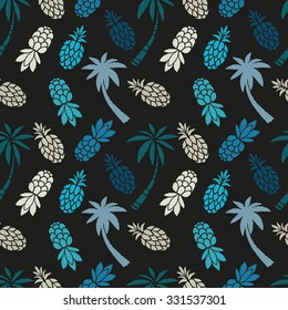 Seamless pattern with coconut palm trees, fruits pineapples. Colorful repeating background. Cloth design. Wallpaper, wrapping