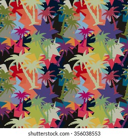 Seamless pattern with coconut palm trees. Abstract tropical colorful camouflage. Paint spots, chaotic background texture. Cloth design, wallpaper, wrapping