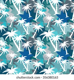 Seamless pattern with coconut palm trees. Abstract tropical colorful camouflage. Paint spots, chaotic background texture. Cloth design, wallpaper, wrapping