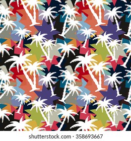 Seamless pattern with coconut palm trees. Abstract tropical colorful camouflage. Paint spots, chaotic background texture. Cloth design, wallpaper, wrapping