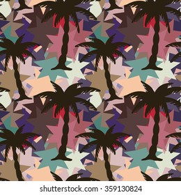 Seamless pattern with coconut palm trees. Abstract tropical colorful camouflage. Paint spots, chaotic background texture. Cloth design, wallpaper, wrapping