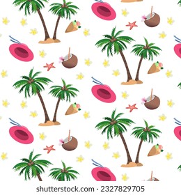 Seamless pattern with coconut palms coconut drink and ice cream colorful beach style