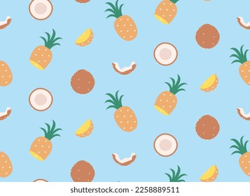 Seamless pattern with coconut and pineapple. Beautiful fruit texture in flat style.