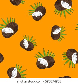 Seamless Pattern of Coconut , Tropical Fruit on Yellow Background, Vector Illustration 