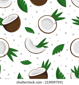 Seamless pattern coconut  with tropical green leaves Vector illustration isolated on white background