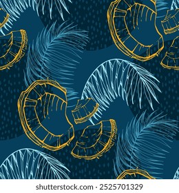 Patrón sin fisuras con hojas de coco y palma tropical. Estilo de boceto de color dibujado a mano de fondo. Ilustración detallada, dibujado a mano. Grande para la tela y la materia textil, impresiones, invitación, empaquetado