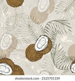 Seamless Pattern with coconut and tropical palm leaves. Color sketch style hand drawn background. Detailed illustration, hand drawn. Great for fabric and textile, prints, invitation, packaging