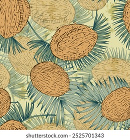 Seamless Pattern with coconut and tropical palm leaves. Color sketch style hand drawn background. Detailed illustration, hand drawn. Great for fabric and textile, prints, invitation, packaging