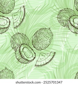 Padrão sem costura com coco e folhas de palmeira tropical. Fundo desenhado à mão estilo de esboço de cor. Ilustração detalhada, desenhada à mão. Ótimo para tecido e têxtil, estampas, convite, embalagem