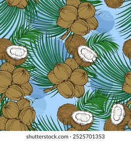 Padrão sem costura com coco e folhas de palmeira tropical. Fundo desenhado à mão estilo de esboço de cor. Ilustração detalhada, desenhada à mão. Ótimo para tecido e têxtil, estampas, convite, embalagem
