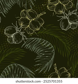 Seamless Pattern with coconut and tropical palm leaves. Color sketch style hand drawn background. Detailed illustration, hand drawn. Great for fabric and textile, prints, invitation, packaging