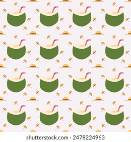 A seamless pattern of coconut, umbrella, and straw hat on a Gray background in a flat shape Summer Beach concept, Vector for prints, fabric, wrapping, textile