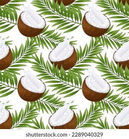 Seamless pattern, coconuts, coconut halves with milk splash and palm leaves. Tropical background, print, textile, wallpaper, vector