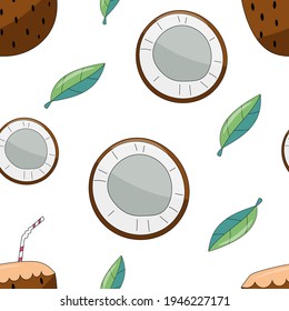 Seamless pattern with coconuts. Coconut with straw, cocktail, summer, beach