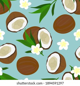 Seamless pattern Coconuts, flower, leaves. Vector stock illustration eps10.