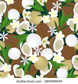 Seamless pattern Coconuts, flower, leaves. Vector stock illustration eps10.