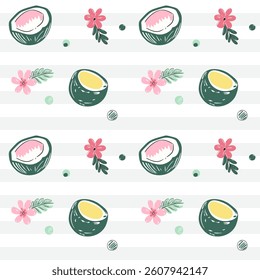 Seamless pattern with coconuts and flowers. Sketch, line art drawing style. Doodle tropical backckgrounds.
