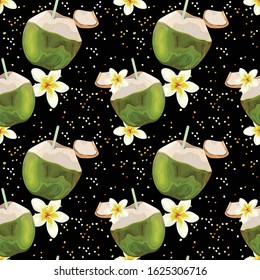 Seamless pattern with coconuts and Frangipani flowers on a black background. Coconut water. Print, wallpaper, modern textile design, wrapping paper. Vector illustration.