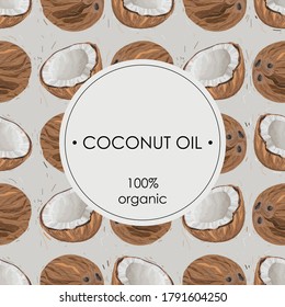 Seamless pattern with coconuts. Half a coconut. Summer and paradise background. Wallpaper, print, wrapping paper, modern textile design, banner, packaging, poster. Vector illustration.