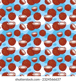 Seamless pattern with coconuts. Half a coconut. Summer walnut background. Wallpaper, print, wrapping paper, modern textile design, banner, poster. Vector illustration.