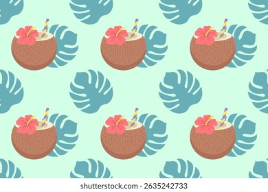 Seamless pattern with coconuts, hibiscus flowers, and monstera leaves. Tropical summer design perfect for prints, textiles, and digital projects.


