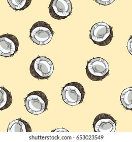 Seamless pattern with coconuts on pastel beige background. Hand drawn vector illustration.