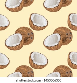 Seamless pattern with coconuts on a yellow background. Half a coconut. Wallpaper, print, modern textile design, banner, wrapping paper, promotional material. Vector illustration.