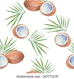Seamless pattern with  coconuts, painted in watercolor. Vector background.
