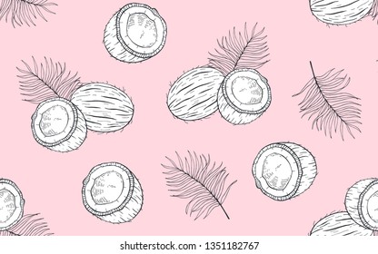 Seamless pattern with coconuts and palm leaves. Hand drawn vector illustration
