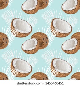 Seamless pattern with coconuts and palm leaves. Half a coconut. Summer and paradise background. Wallpaper, print, wrapping paper, modern textile design, banner, poster. Vector illustration.