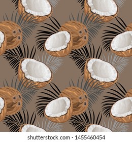 Seamless pattern with coconuts and palm leaves. Half a coconut. Summer and paradise background. Wallpaper, print, wrapping paper, modern textile design, banner, poster. Vector illustration.