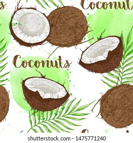 Seamless pattern with coconuts, palm leaves and green watercolor blots on a white background. Vector illustration