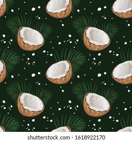 Seamless pattern with coconuts and palm leaves. Half a coconut. Summer and paradise background. Wallpaper, print, wrapping paper, modern textile design, banner, poster. Vector illustration.