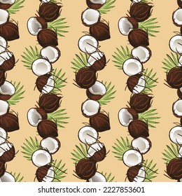 Seamless pattern with coconuts and palm leaves. Half a coconut. Summer and paradise background. Wallpaper, print, wrapping paper, modern textile design, banner, poster. Vector illustration.