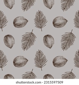 Patrón sin foco con cocoteros y hojas de palma dibujadas a mano ilustración vectorial. Fondo repetitivo con motivos de naturaleza frutícola y vegetal tropical. Ornamento decorativo en elemento de diseño de estilo boho