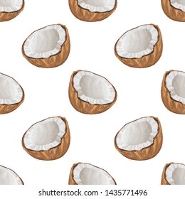 Seamless pattern with coconuts. Ripe coconut on a white background. Banner, poster, wrapping paper, sticker, print, modern textile design. Vector illustration.