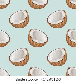 Seamless pattern with coconuts. Ripe coconut on a mint background. Banner, poster, wrapping paper, sticker, print, modern textile design. Vector illustration.