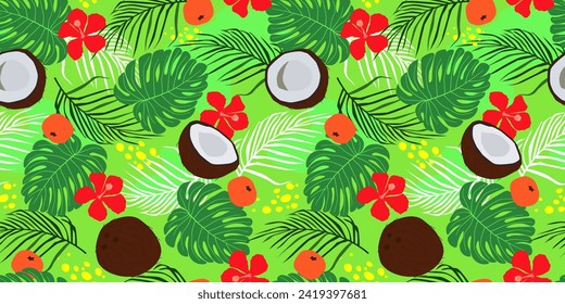 Seamless pattern with coconuts, tropical fruits on a background of palm leaves, monstera, flowers. Summer bright exotic print. Vector graphics.