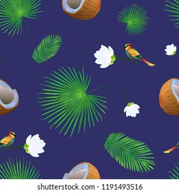 Seamless pattern with coconuts, tropical leaves, flowers and bird on a dark background