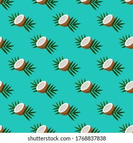 Seamless pattern with coconuts and tropical leaves. Vector infinite pattern with palm nuts on a summer blue background. 