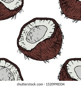 Seamless pattern of coconuts. Vector cartoon background. Hand-drawn style.