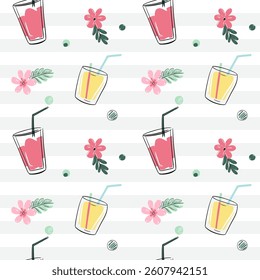 Nahtloses Muster mit Cocktails und Blumen. Skizze, Zeichnungsstil für Linien. Doodle tropische Hintergründe.
