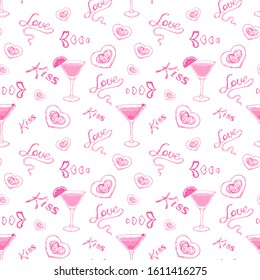 Seamless pattern with coctails and hand drawing sketches for Valentine's Day, can be printed on textile, wallpaper, wrapping paper, greeting cards, used in logo, banner, landing page. Vector